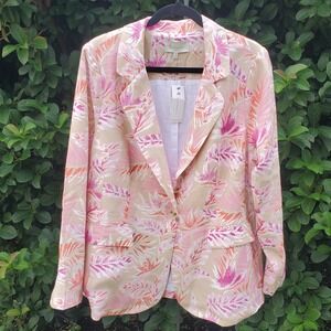 Skies Are Blue Linen Blazer Jacket Womens 1X Beige Tropical Artsy Office Cruise